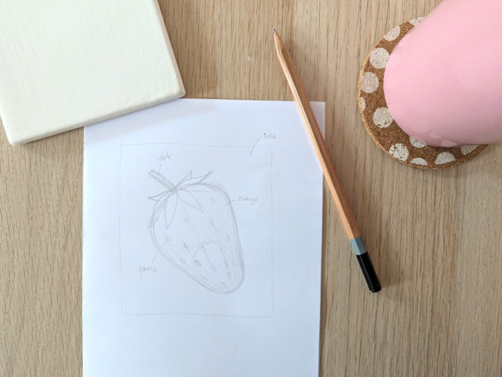 Photo montrant un brouillon fait sur une feuille de papier pour illustrer des conseils de peinture sur céramique